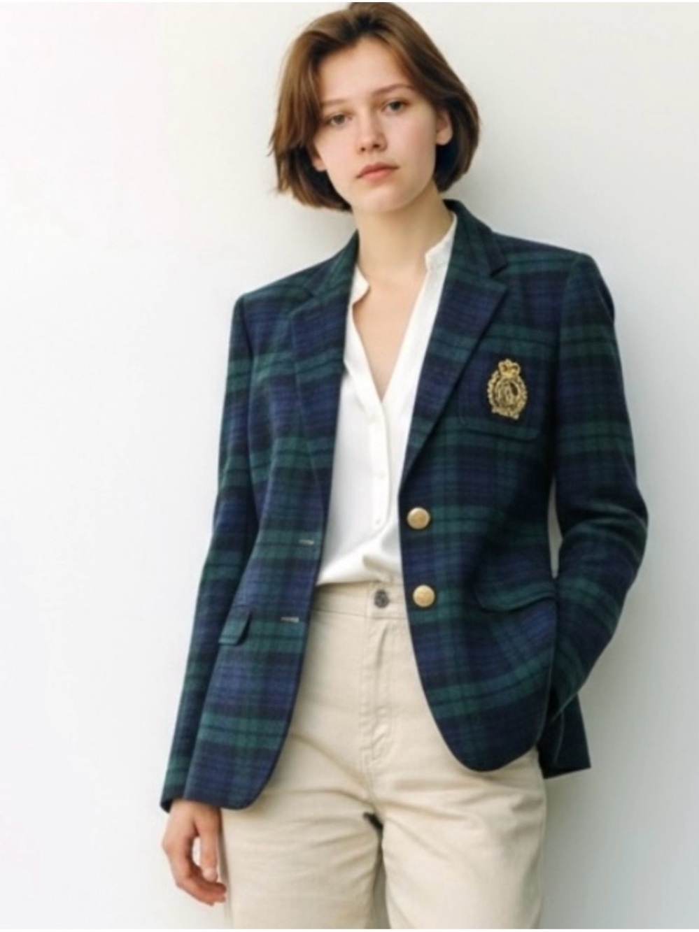 LRL Plaid Bullion Crest Blazer Wool Cashmere Blend Navy Blue Green